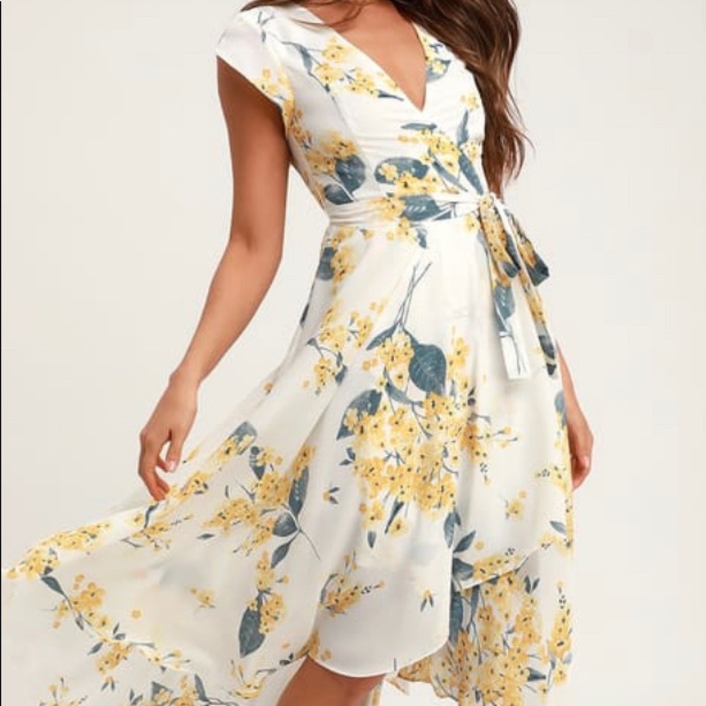 Lulus French Countryside Yellow and White High Low Dress (worn once)